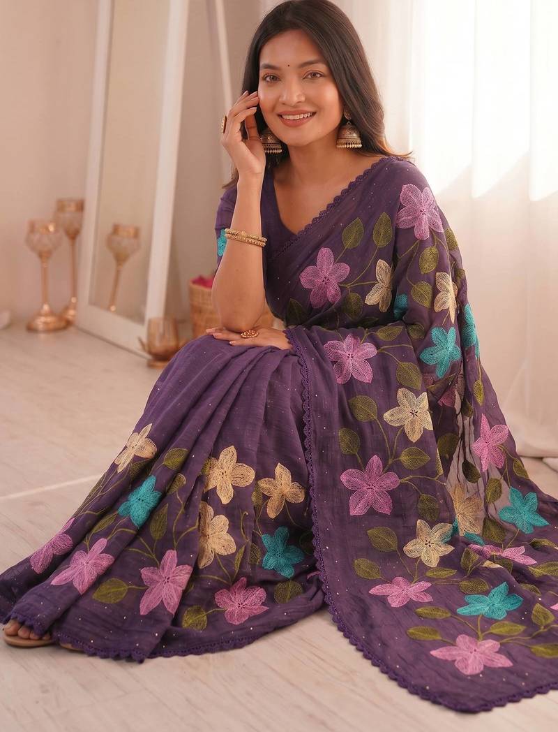 Designer viscose crunchy silk saree with floral embroidery, fancy lace border & swarovski diamond work