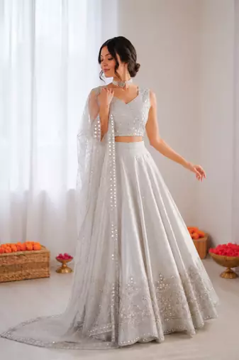 light grey jatan silk thread sequin lehenga choli set