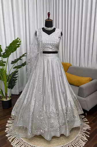 light grey jatan silk thread sequin lehenga choli set