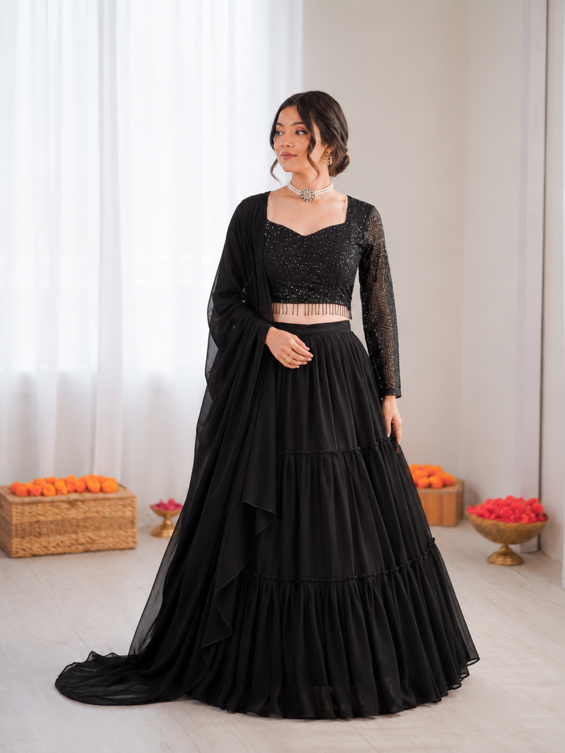 black georgette thread sequin lehenga choli set