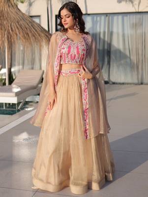 Stunning Cream Organza Lehenga With Bead Work Choli And Shrug 1