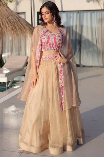 Stunning Cream Organza Lehenga With Bead Work Choli And Shrug