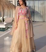 Stunning Cream Organza Lehenga With Bead Work Choli And Shrug