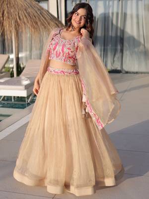 Stunning Cream Organza Lehenga With Bead Work Choli And Shrug 2