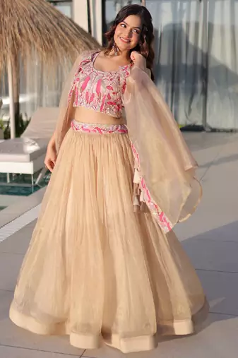Stunning Cream Organza Lehenga With Bead Work Choli And Shrug