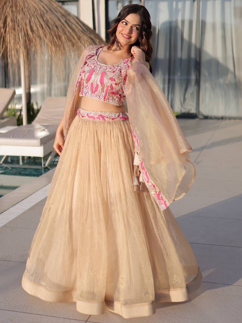 Stunning Cream Organza Lehenga With Bead Work Choli And Shrug