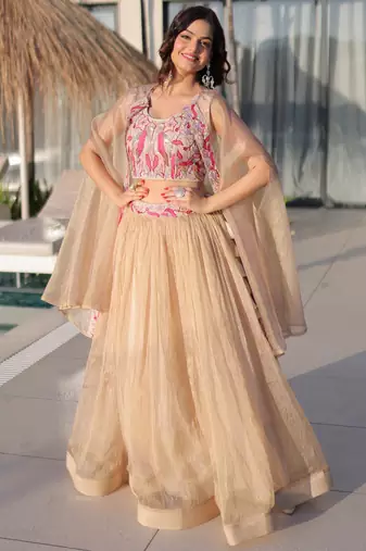 Stunning Cream Organza Lehenga With Bead Work Choli And Shrug