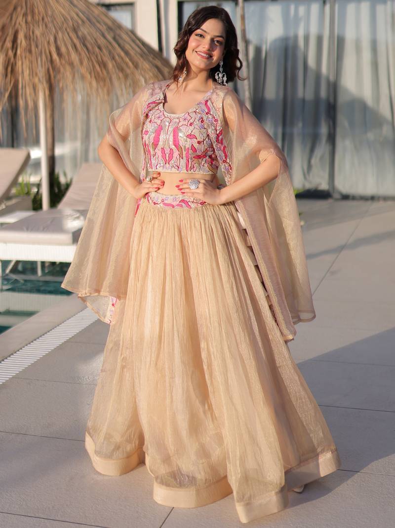 Stunning Cream Organza Lehenga With Bead Work Choli And Shrug