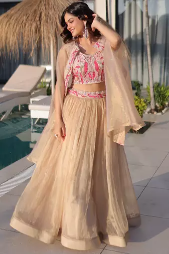 Stunning Cream Organza Lehenga With Bead Work Choli And Shrug