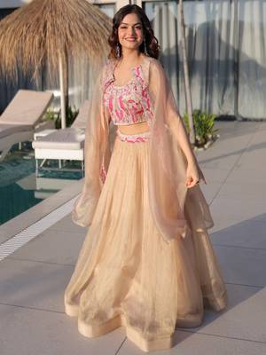Stunning Cream Organza Lehenga With Bead Work Choli And Shrug 5