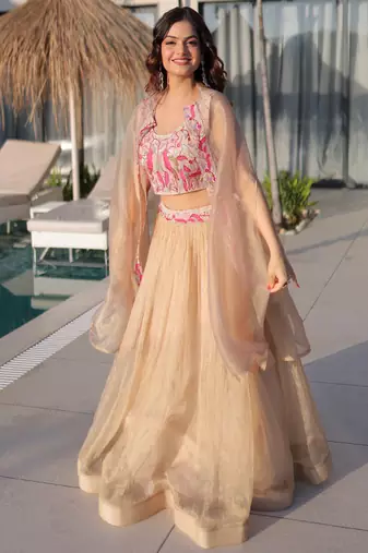 Stunning Cream Organza Lehenga With Bead Work Choli And Shrug