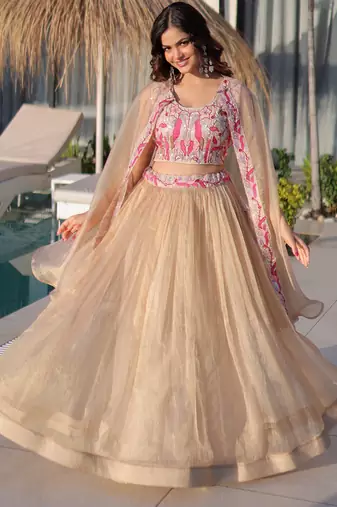 Stunning Cream Organza Lehenga With Bead Work Choli And Shrug