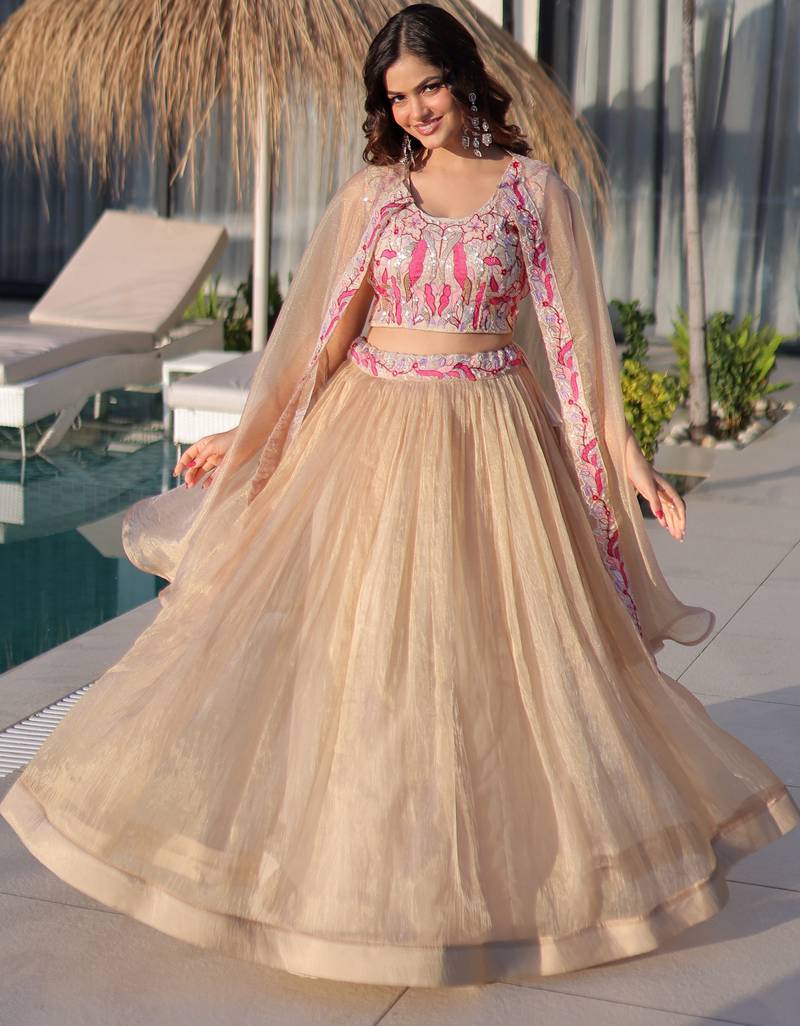 Stunning Cream Organza Lehenga With Bead Work Choli And Shrug