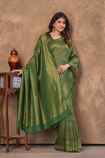 green silk blend floral woven zari design saree with blouse piece