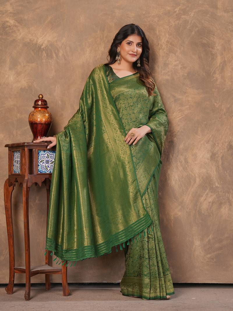 green silk blend floral woven zari design saree with blouse piece