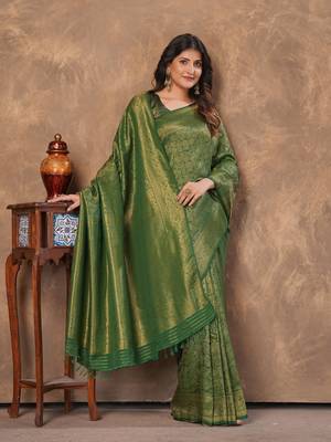 green silk blend floral woven zari design saree with blouse piece 1
