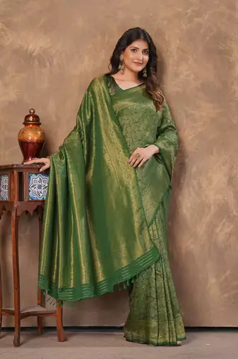 green silk blend floral woven zari design saree with blouse piece