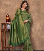 green silk blend floral woven zari design saree with blouse piece