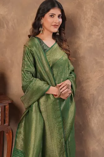 green silk blend floral woven zari design saree with blouse piece