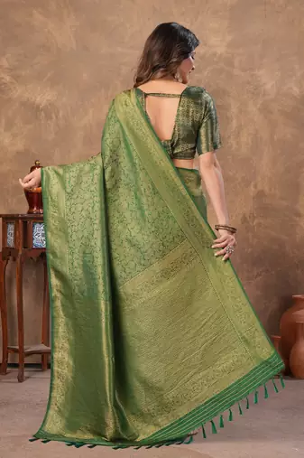 green silk blend floral woven zari design saree with blouse piece
