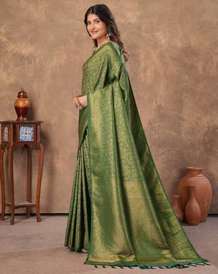 green silk blend floral woven zari design saree with blouse piece 5