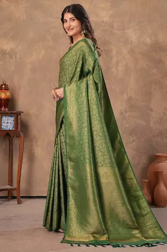 green silk blend floral woven zari design saree with blouse piece