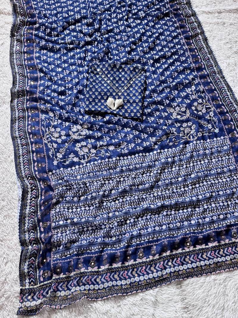 Blue Color  khatali handwork and real mirror work  Georgette Saree