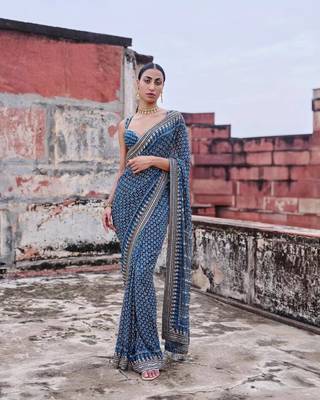 Royal Blue Color  khatali handwork and real mirror work  Georgette Saree 1