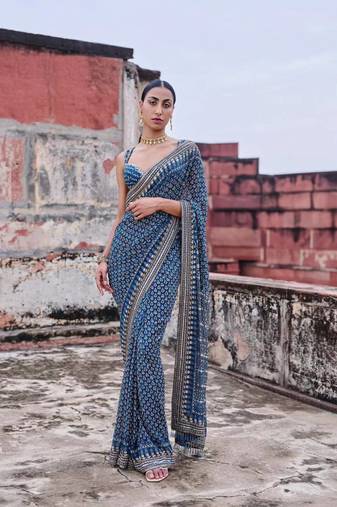 Royal Blue Color  khatali handwork and real mirror work  Georgette Saree