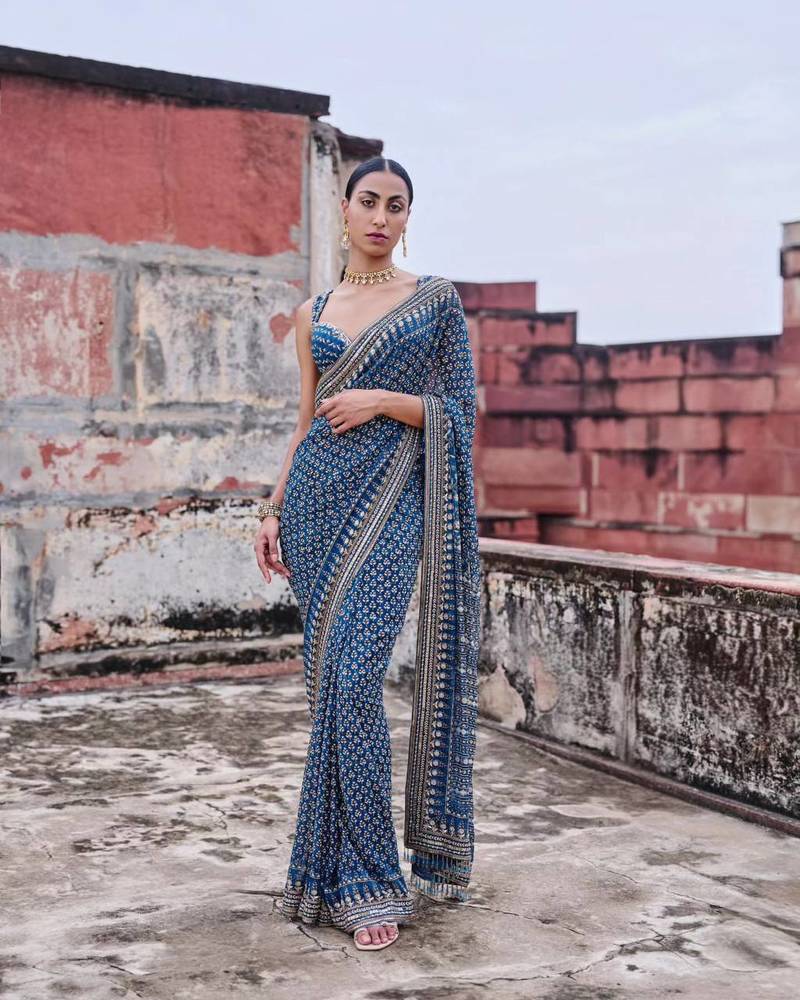Royal Blue Color  khatali handwork and real mirror work  Georgette Saree