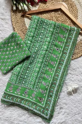 Green Color  khatali handwork and real mirror work  Georgette Saree