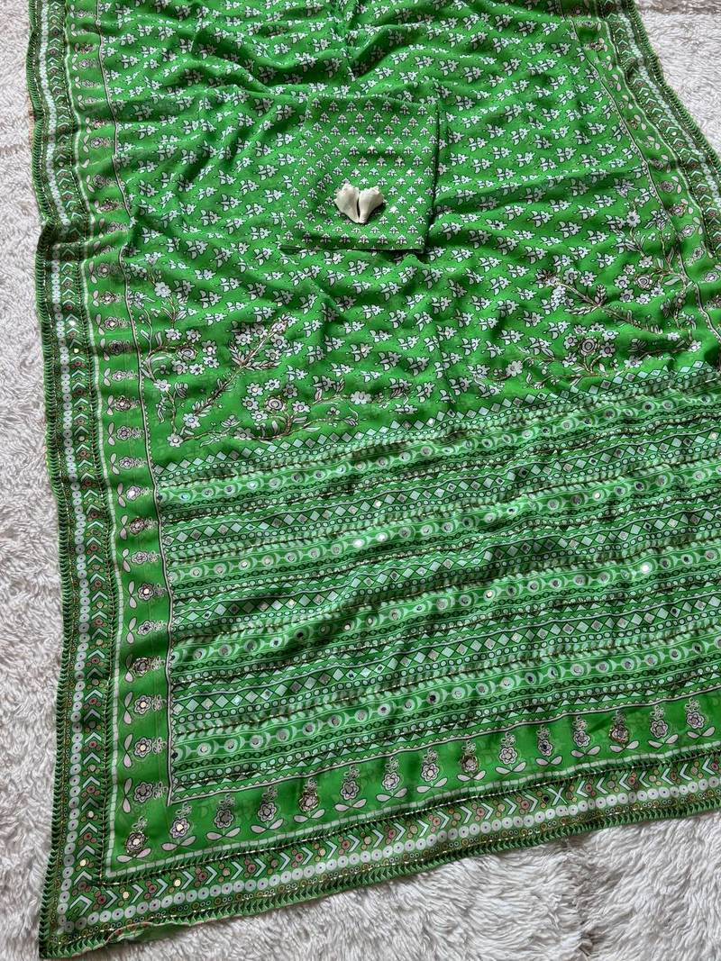 Green Color  khatali handwork and real mirror work  Georgette Saree