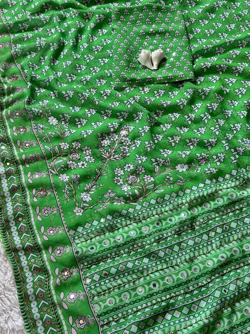 Green Color  khatali handwork and real mirror work  Georgette Saree