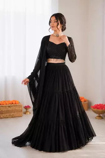 black georgette thread sequin lehenga choli set