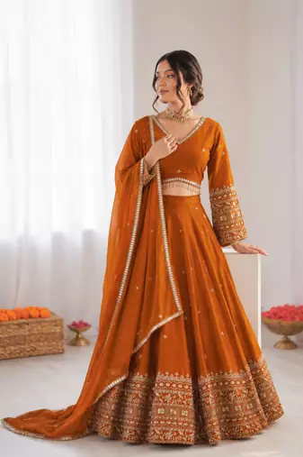 orange jatan silk thread sequin lehenga choli set