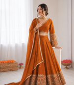 orange jatan silk thread sequin lehenga choli set