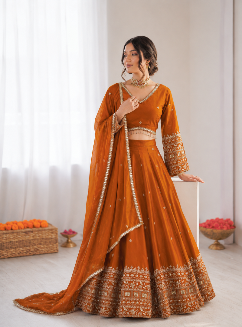 orange jatan silk thread sequin lehenga choli set