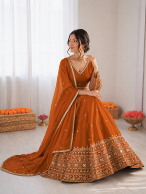 orange jatan silk thread sequin lehenga choli set 2
