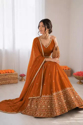 orange jatan silk thread sequin lehenga choli set