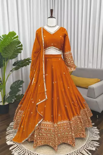 orange jatan silk thread sequin lehenga choli set