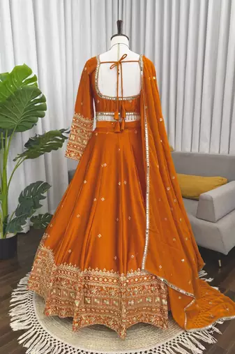 orange jatan silk thread sequin lehenga choli set