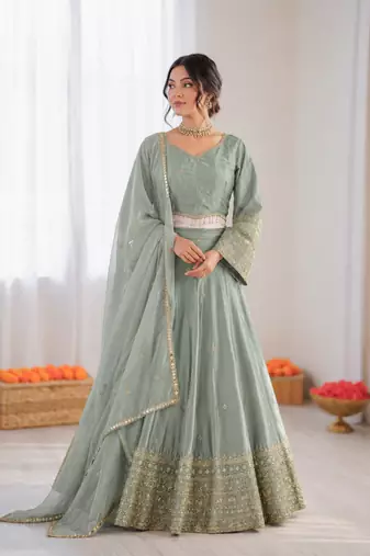 sea green jatan silk thread sequin lehenga choli set
