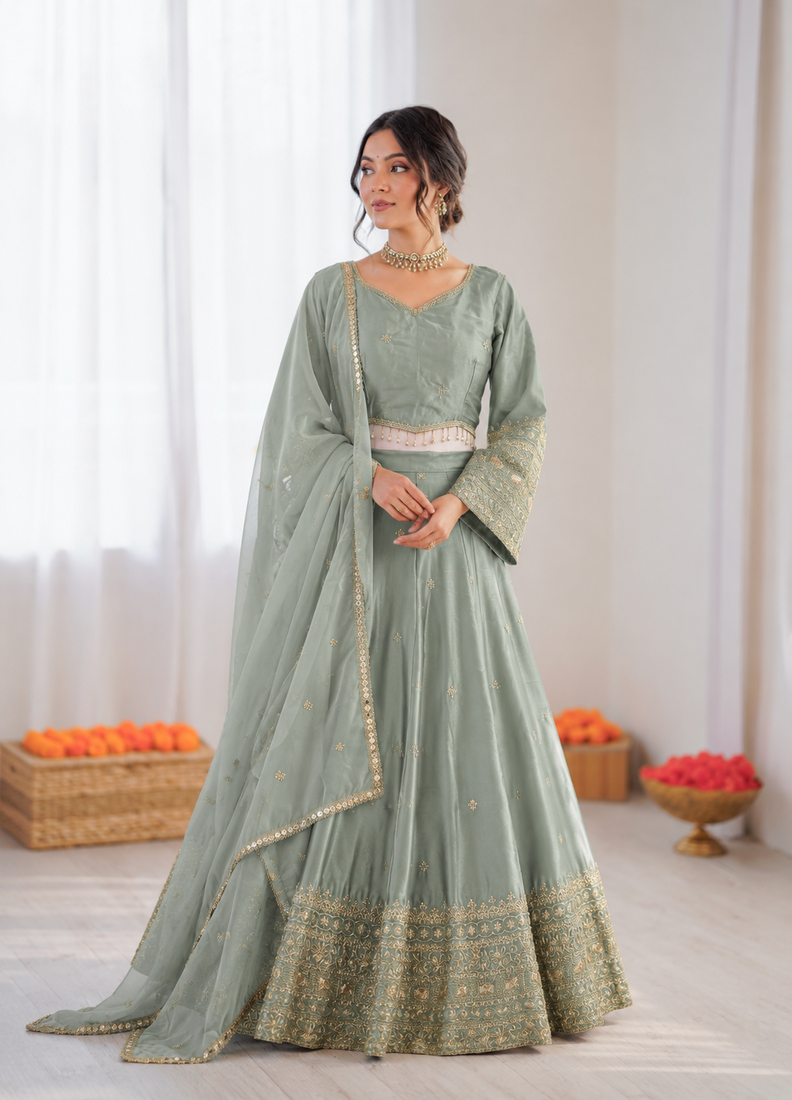 sea green jatan silk thread sequin lehenga choli set