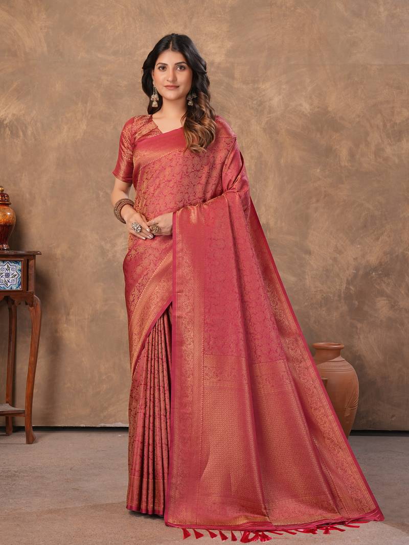 maroon silk blend floral woven zari design saree with blouse piece 