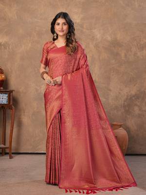 maroon silk blend floral woven zari design saree with blouse piece  1