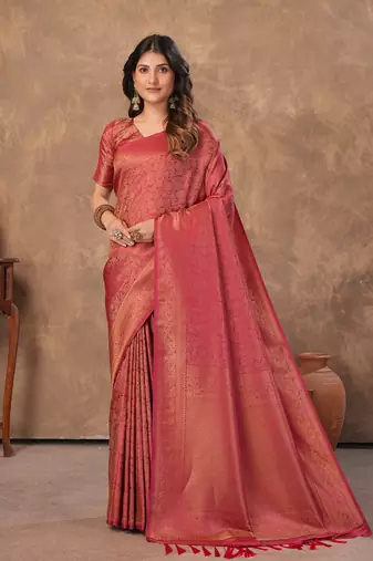 maroon silk blend floral woven zari design saree with blouse piece 