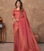 maroon silk blend floral woven zari design saree with blouse piece 