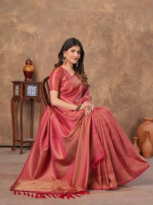 maroon silk blend floral woven zari design saree with blouse piece  2