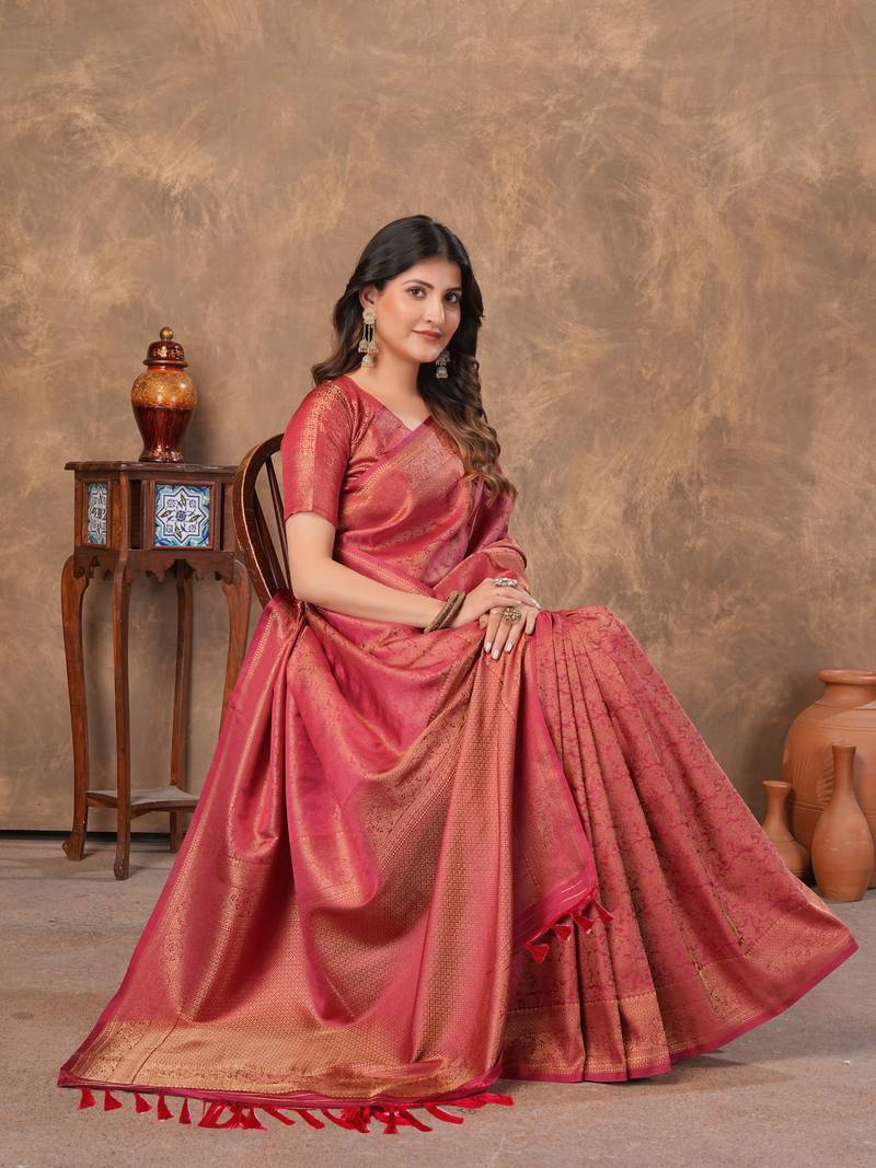 maroon silk blend floral woven zari design saree with blouse piece 
