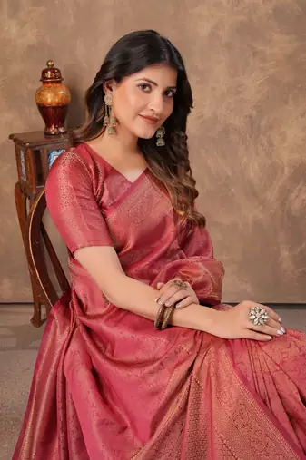 maroon silk blend floral woven zari design saree with blouse piece 